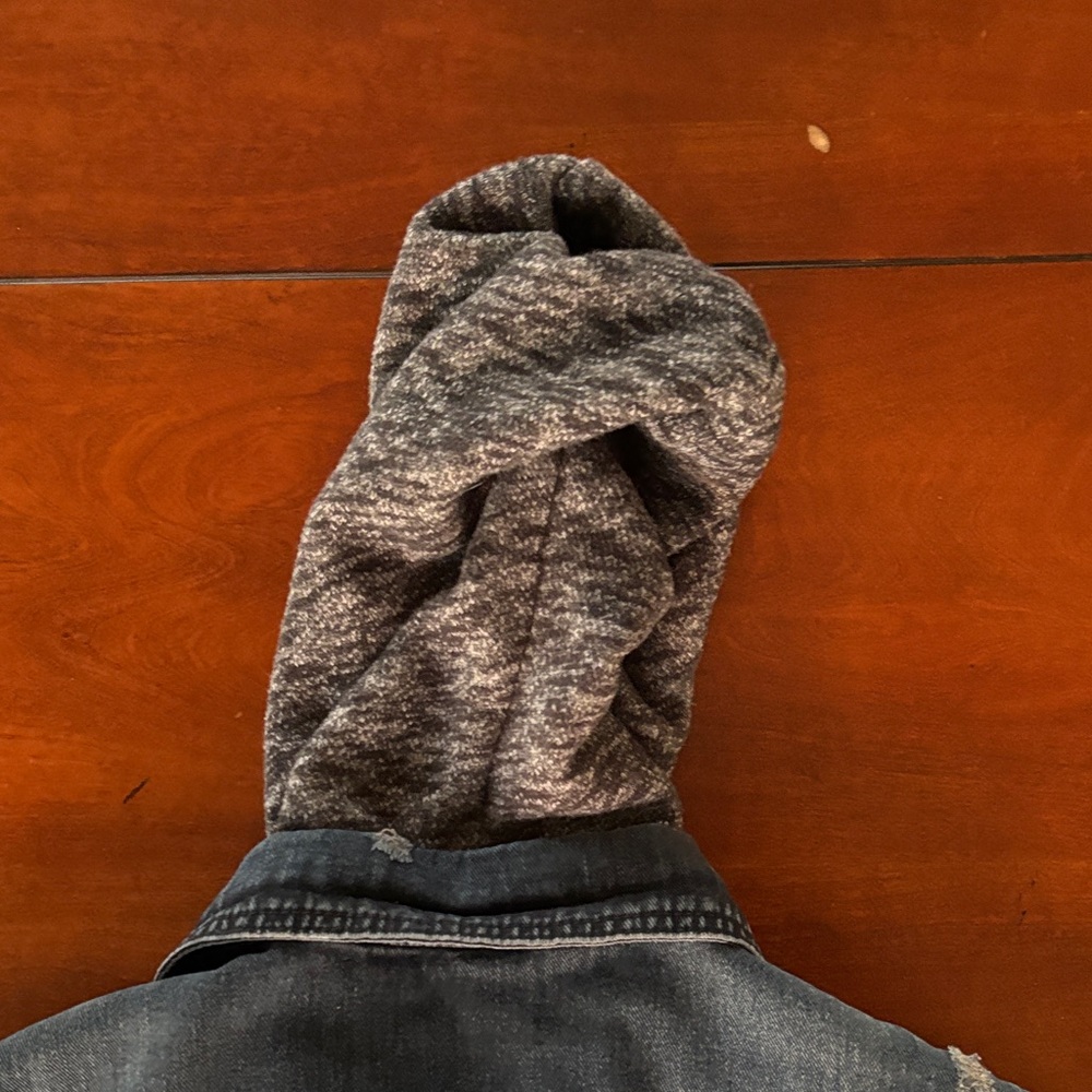 Free People Denim Jacket with Black and Gray Accents & Removable Hood. L - Picture 9 of 16